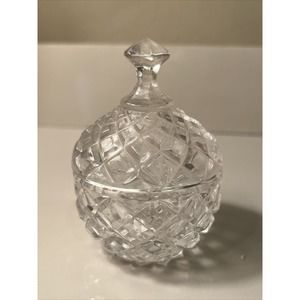 Vintage Diamond Pattern Pressed Glass Trinket Ring Box With Lid
